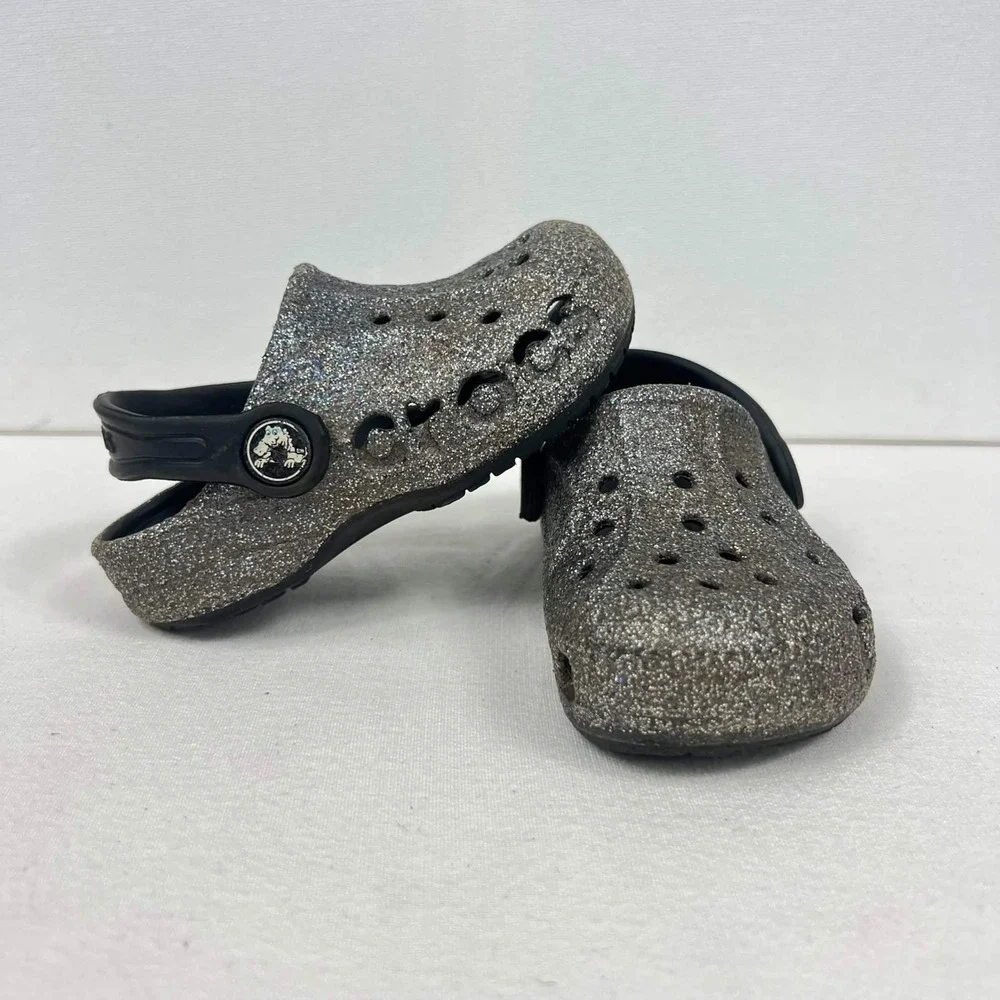 GUC Crocs Classic Glitter Clogs Black Silver Sparkle Shoes Toddler Size 7C